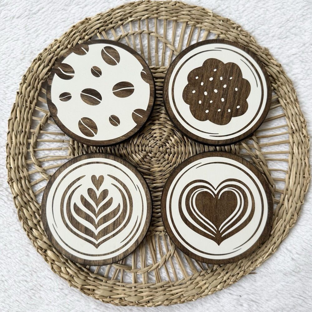 Handmade Wooden Coffee Theme Coasters Set Of 4
